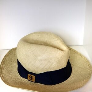 Tory Burch Toquilla Straw Hat with Navy Ribbon and gold emblem